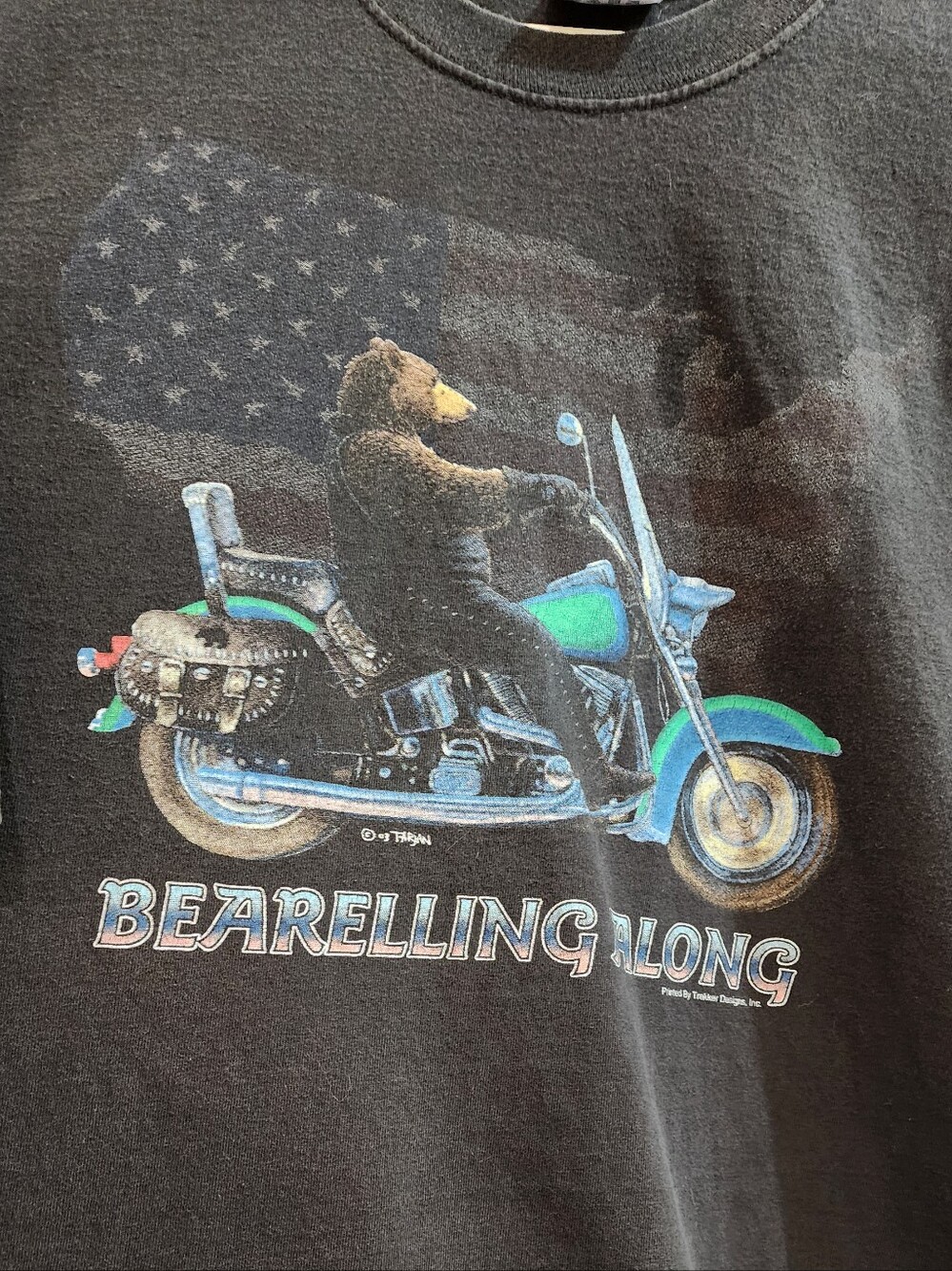 Bear Riding Motorcycle Graphic Tee - Black with Teal Accents